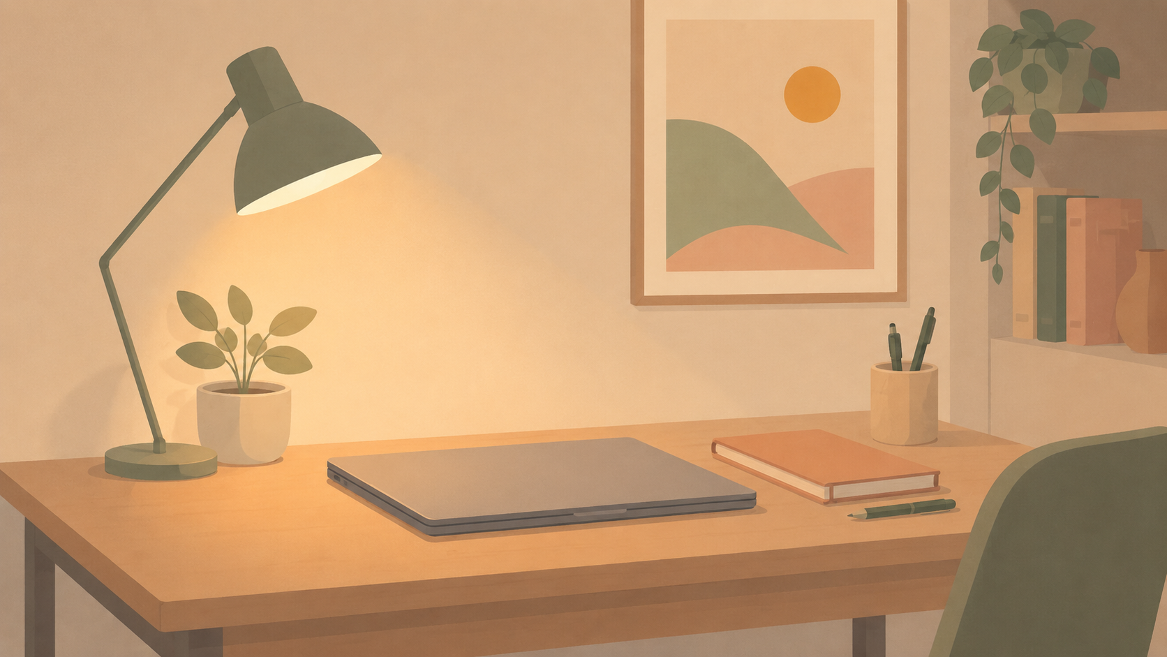 Bureau de travail avec ordinateur, carnet et jus de fruit