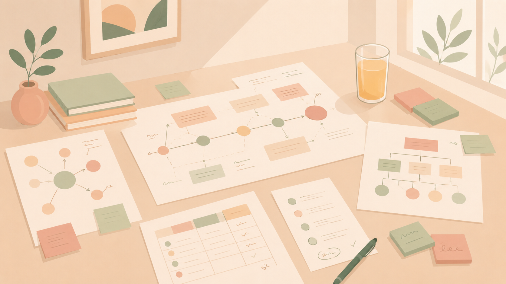Bureau de travail avec schémas, carnet et jus de fruit