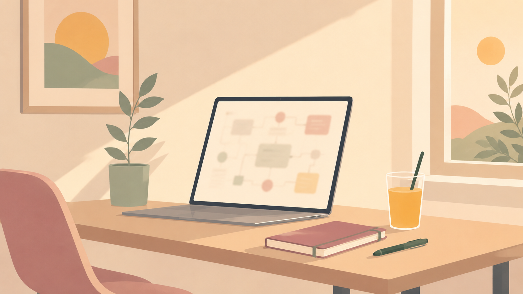 Bureau de travail avec ordinateur, carnet et jus de fruit